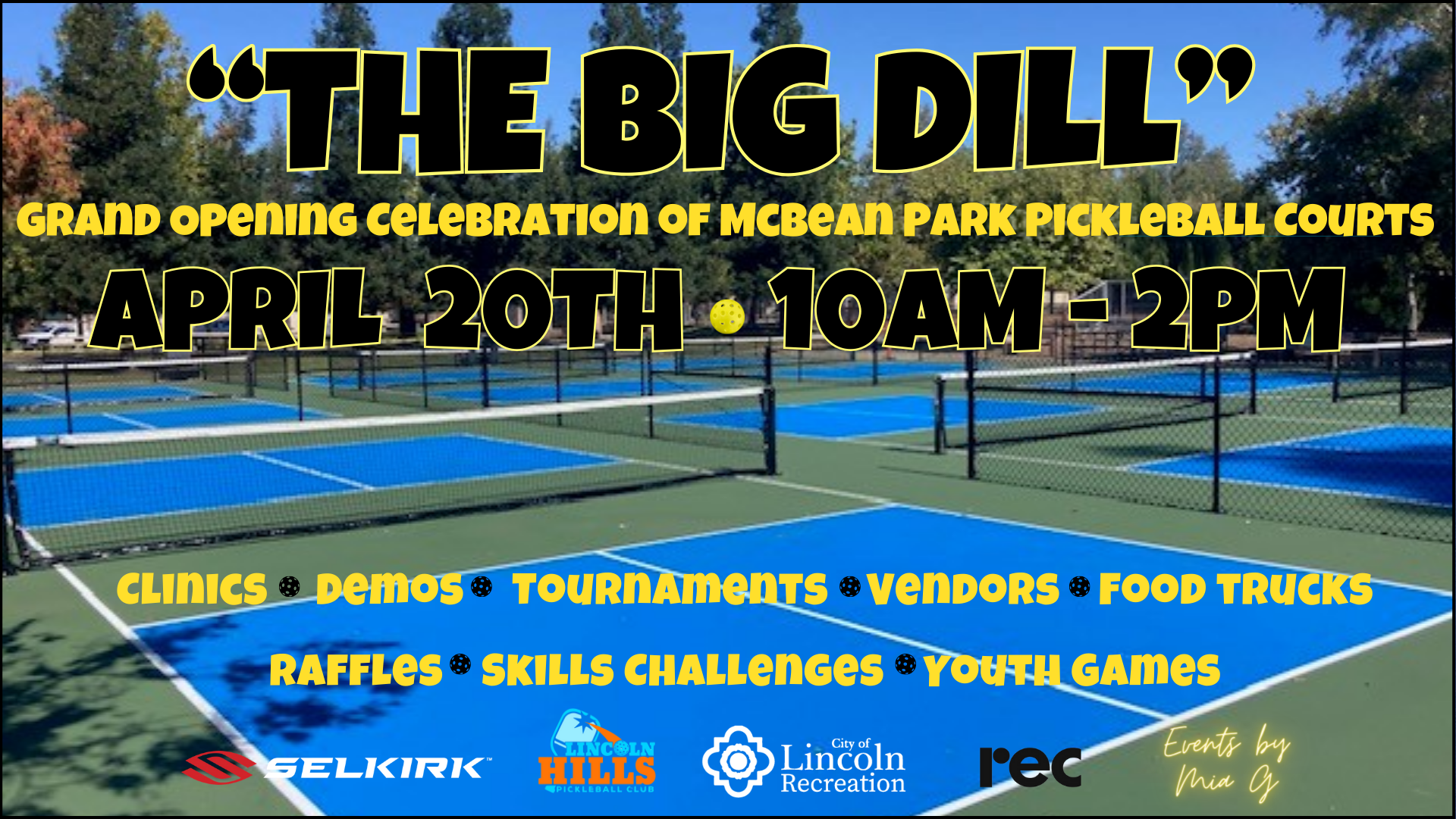 Image of pickleball courts with grand opening information