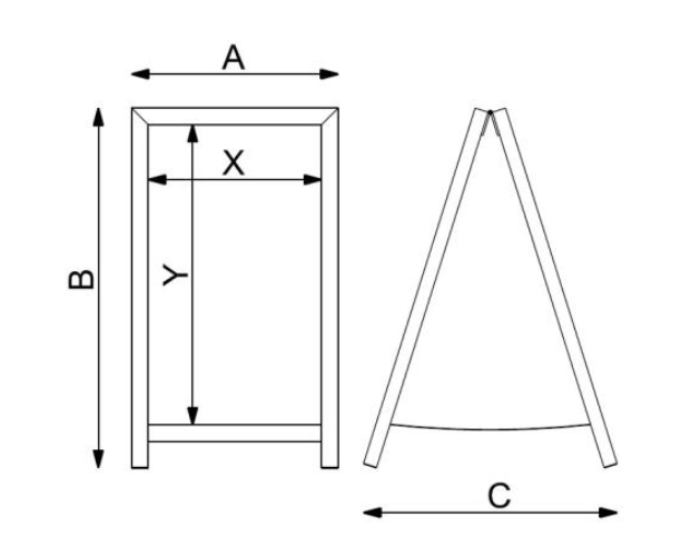 Diagram showing sample A-frame sign drawing, labeled A for width, B for height, C for depth