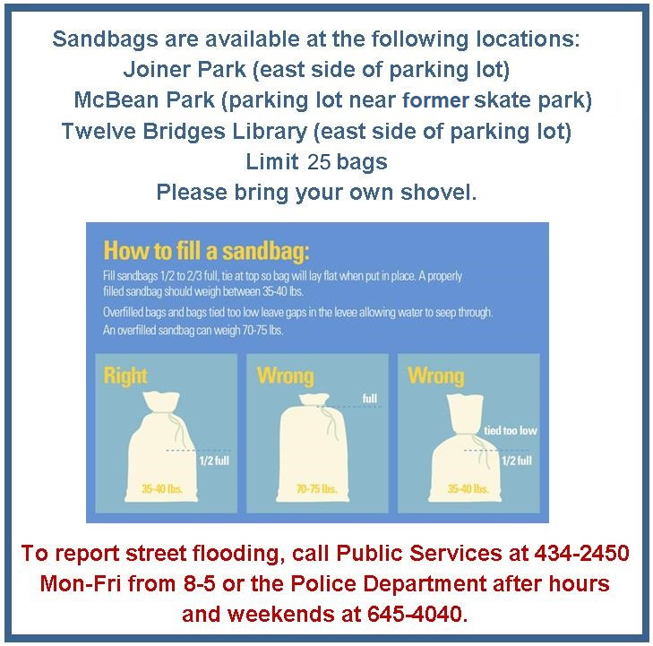 sandbags available at joiner park, mcbean park, and the library