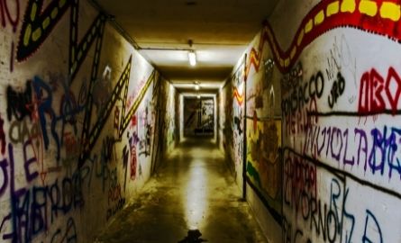 A hallway covered in graffiti