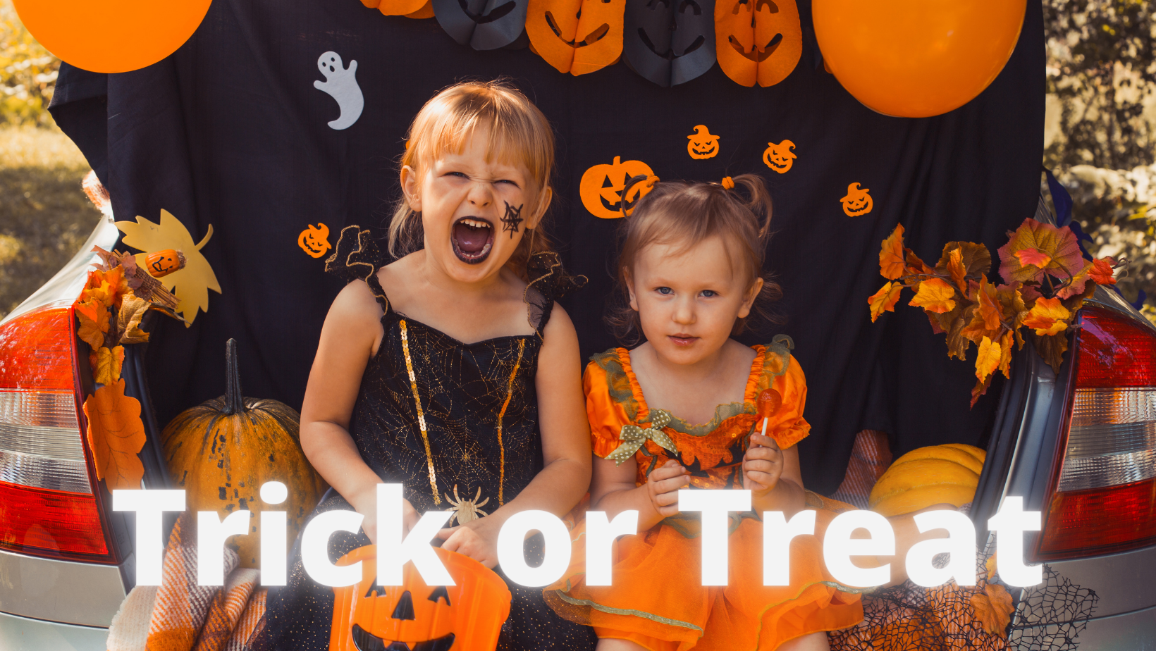 image of girl in costume at Halloween event that says, "Trick or Treat"