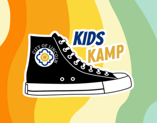 Abstract, colorful background with Kids Kamp logo