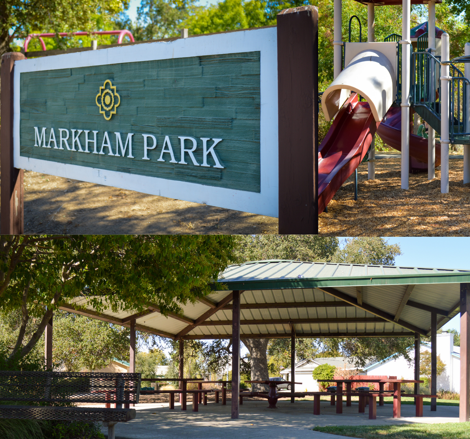 Photo collage of park with green sign, playground and tables