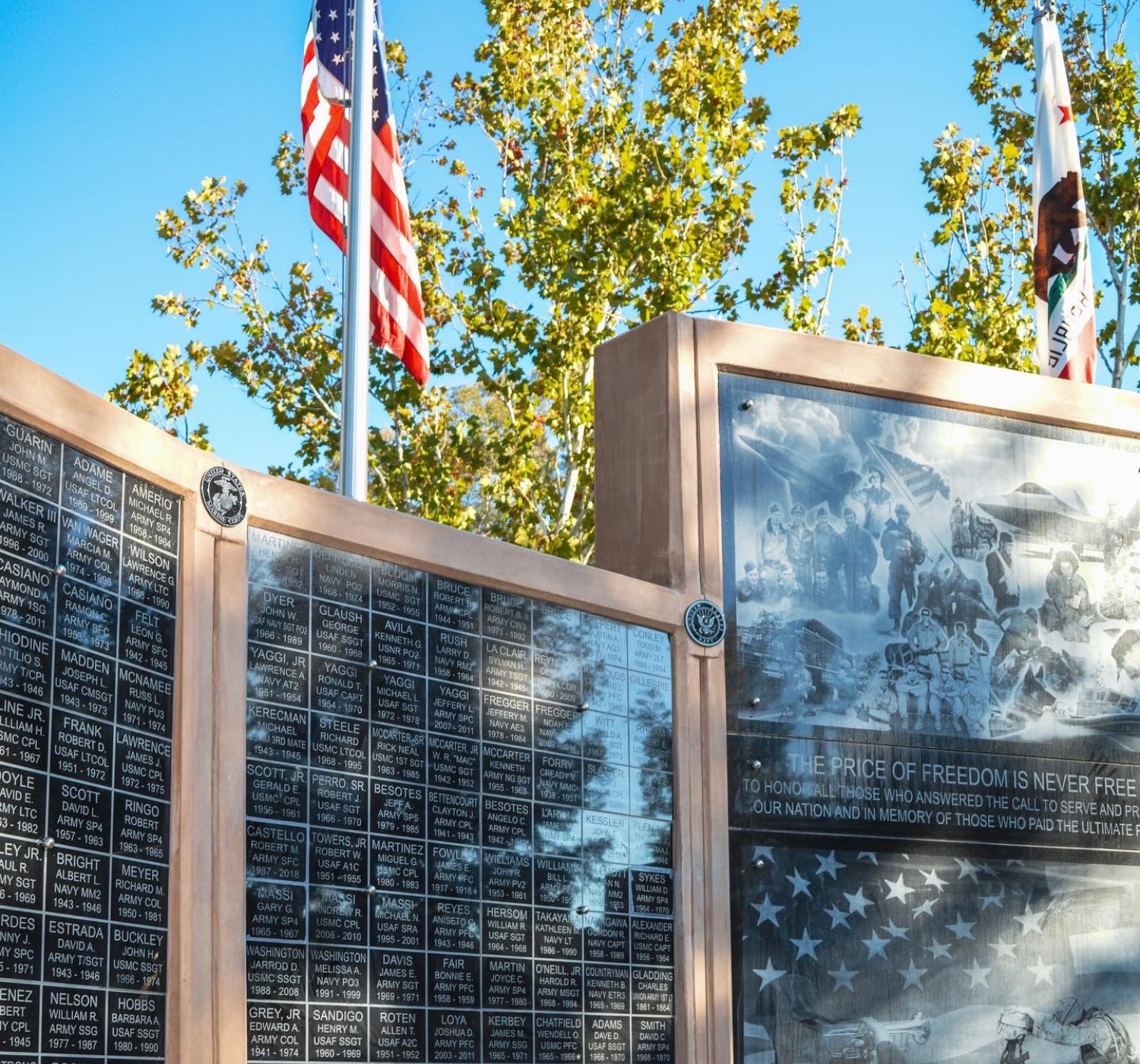 Shiny wall with writing and American flag waving on sunny day