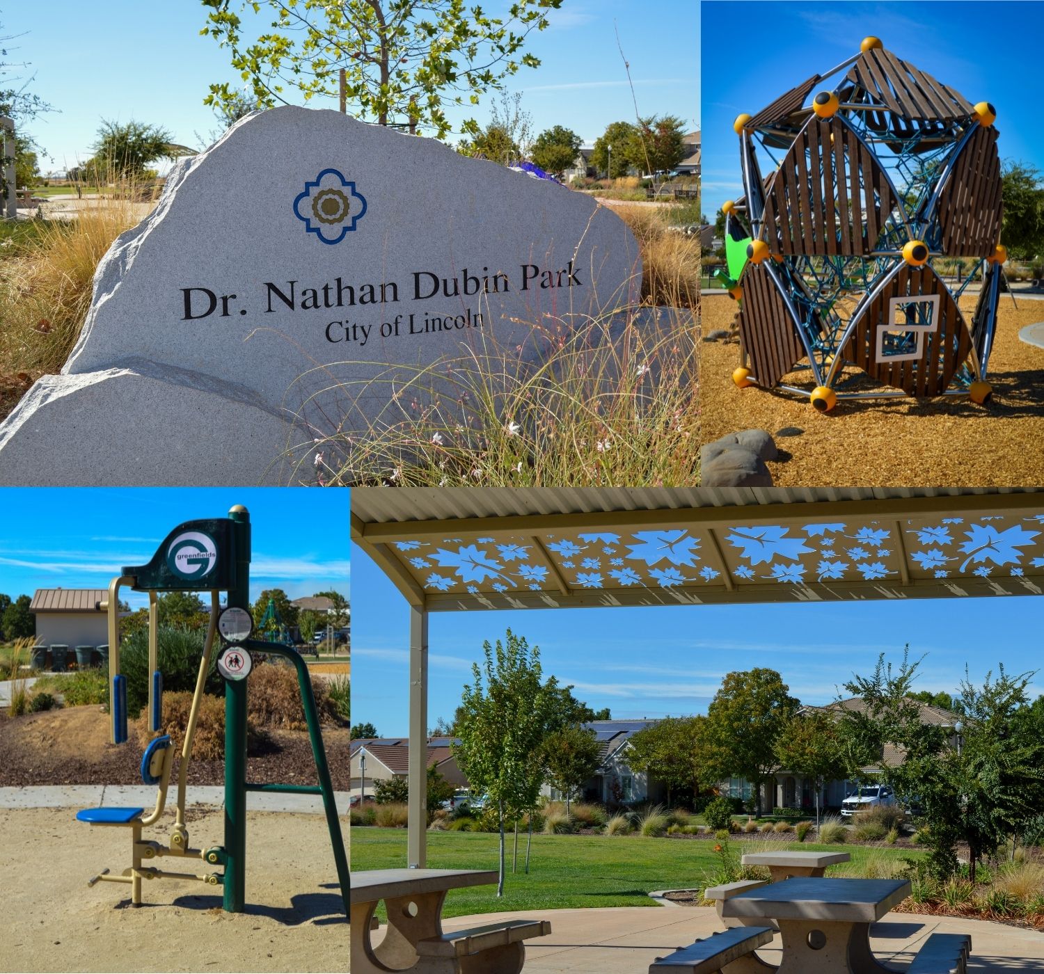 Photo collage of park with boulder sign, tables and wood playground