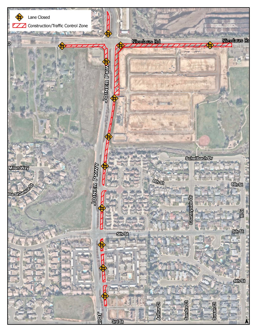 Map of traffic control zone around intersection of Joiner Pkwy and Nicolaus Rd